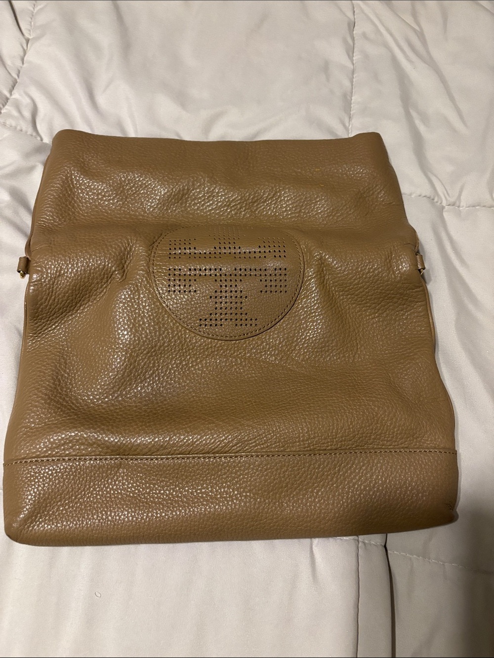 Tory Burch Tan Perforated Logo Leather Underarm held Bag